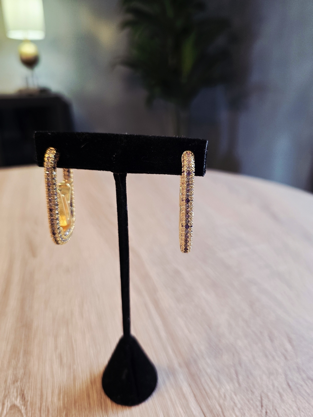 Gold And Rhinestone Floral Rectangular Logo Hoop Earrings - Picture 3 of 6